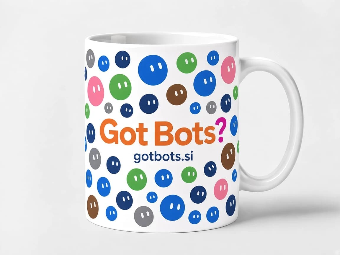 White mug printed with colorful round faces and the Got Bots wordmark: orange Got Bots, a pink question mark, and gotbots.si underneath.
