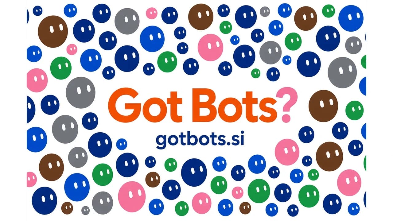 Flat print for the Got Bots mug: colorful round faces on white, with orange Got Bots, a pink question mark, and gotbots.si in the middle.